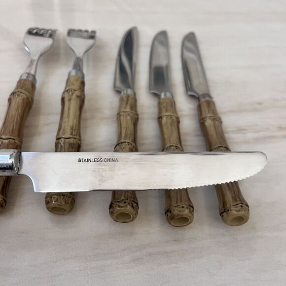 Vintage Faux Bamboo Stainless Steel Flatware 2 Dinner Forks + 4 Knives - Picture 3 of 9